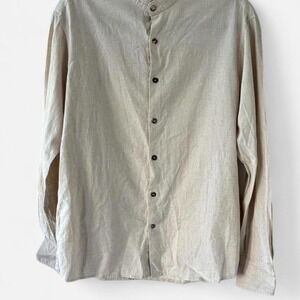 WE AR Bali Designer Linen button up w/ Mandarin collar & shell button Size M